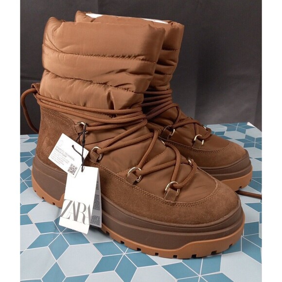 Zara Women Brown Lace Up High Ankle Winter Boots Size 8 - Picture 1 of 8